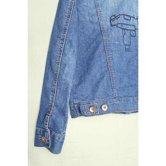 Cavalini Denim Collection Denim Jacket Trucker Distressed Custom Gun Art Small - Picture 9 of 12